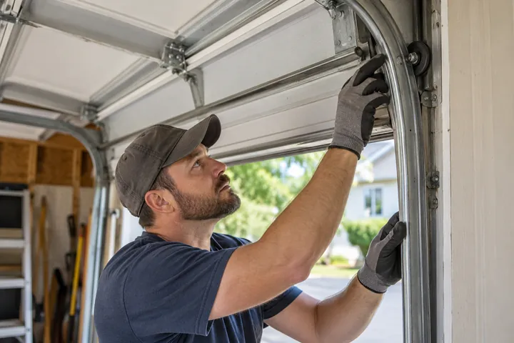 Technician inspecting the roller and track of a garage door