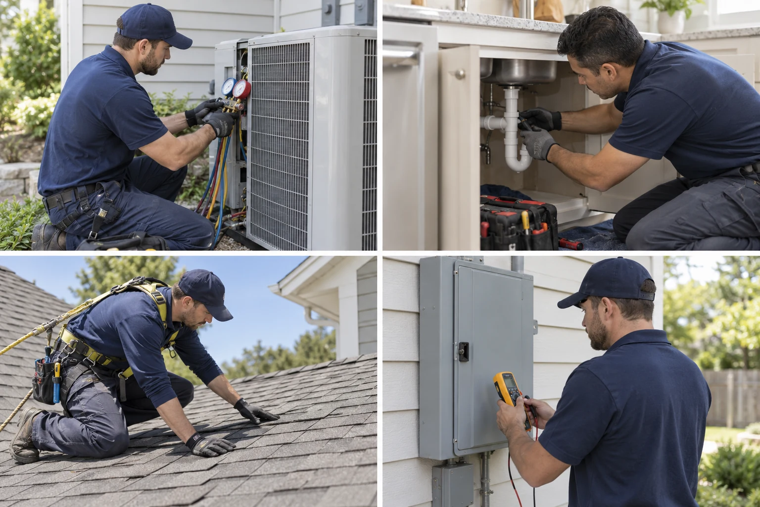 Illustrative collage of HVAC maintenance, residential plumbing, roof inspection and electrical service work
