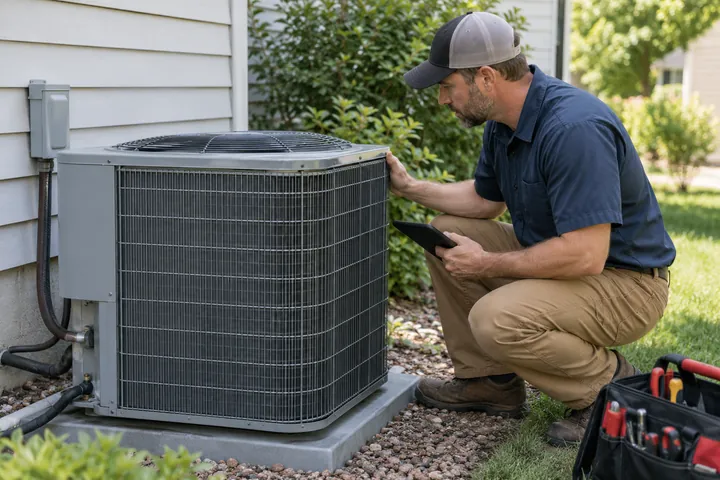 Technician inspecting an outdoor air conditioning condenser beside a house