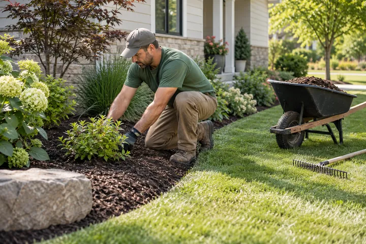 Landscaper tending a garden bed beside a lawn