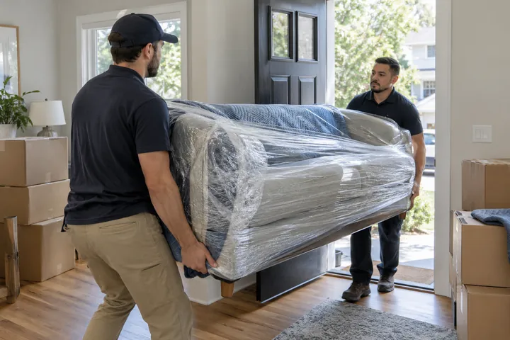 Two movers carrying a wrapped sofa through a doorway