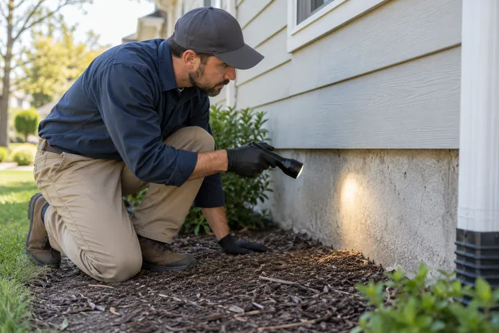 Pest control professional inspecting a house foundation with a flashlight