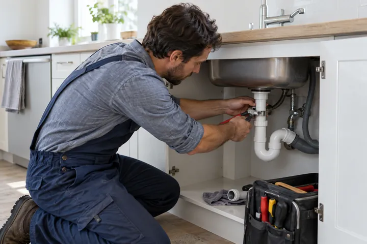 Plumber repairing a drain pipe beneath a kitchen sink