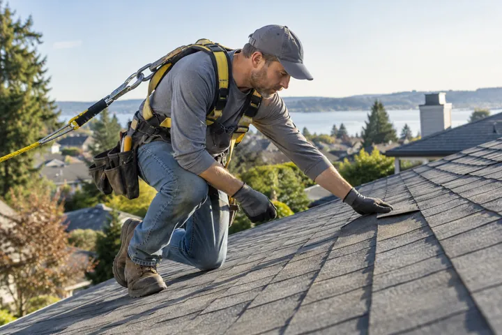 Roofer wearing a safety harness inspecting roof shingles