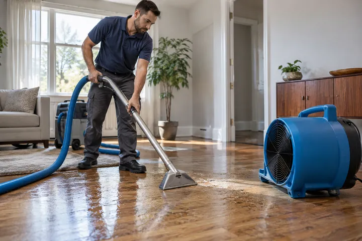 Restoration professional using a water extractor beside a floor drying blower