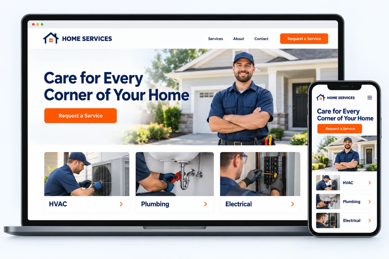 Illustrative home services website template on desktop and mobile, showing HVAC, plumbing and electrical services