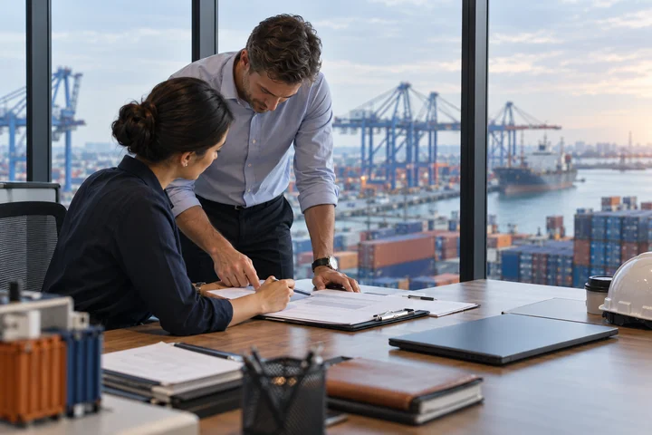 Colleagues discussing shipping paperwork