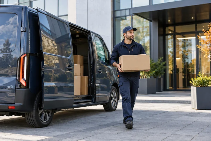 Courier carrying a parcel beside a delivery van