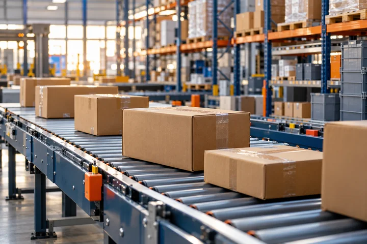 Parcels on a conveyor inside a fulfillment center