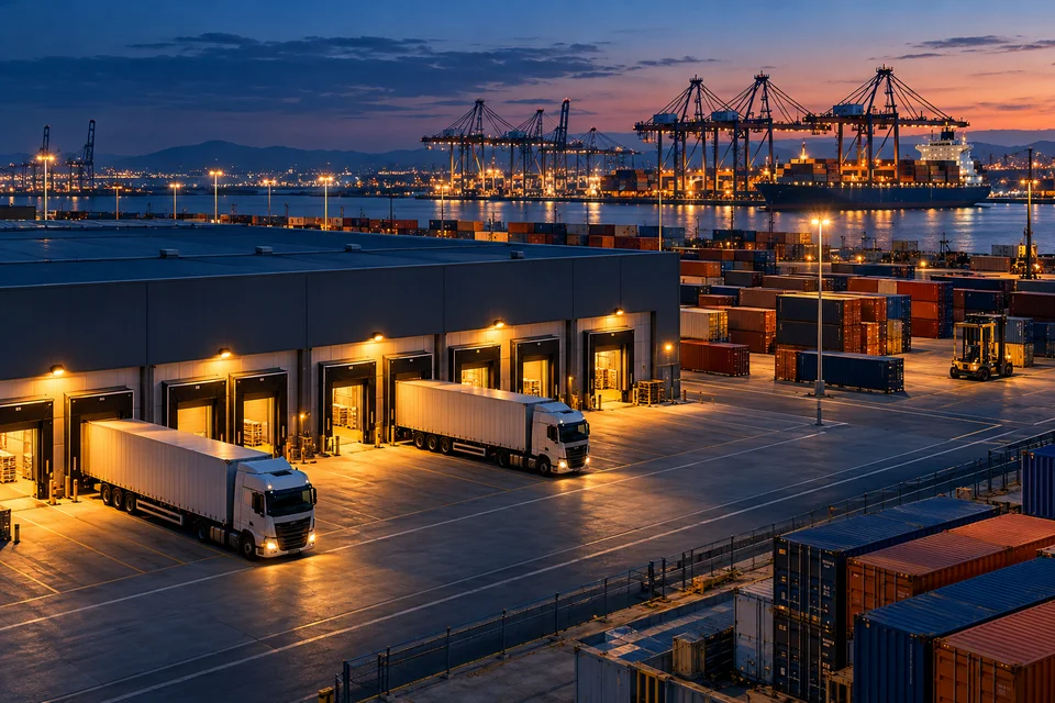 Warehouse loading bays, freight trucks and a container port in an illustrative logistics campus