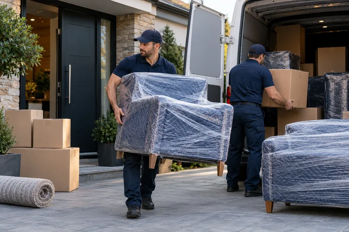 Wrapped furniture and boxes prepared for a move