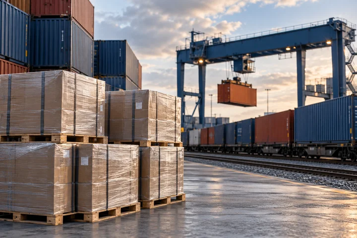 Palletized goods near containers and a freight terminal
