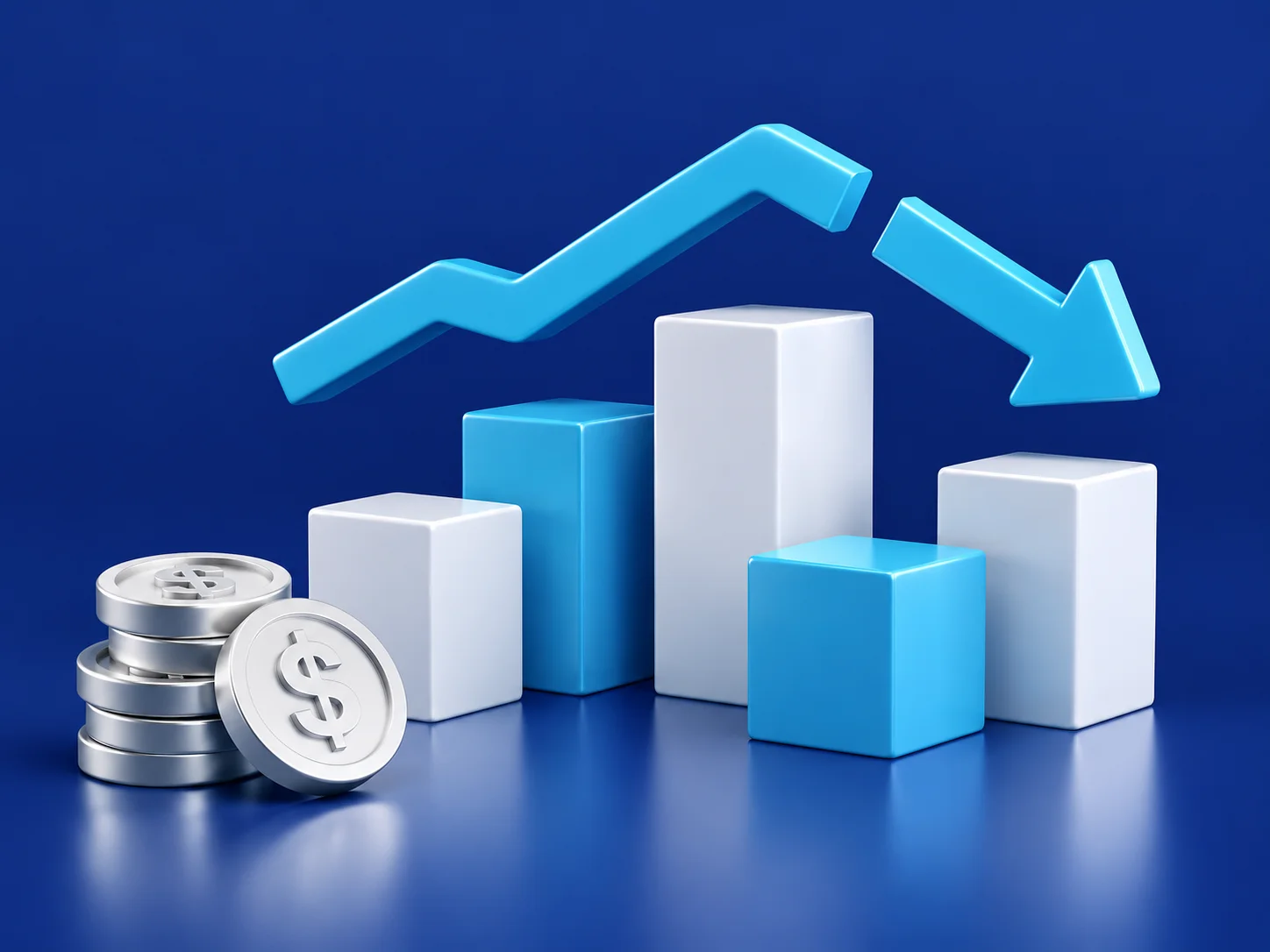 Conceptual 3D budget illustration with coins, uneven blocks and a disconnected directional arrow