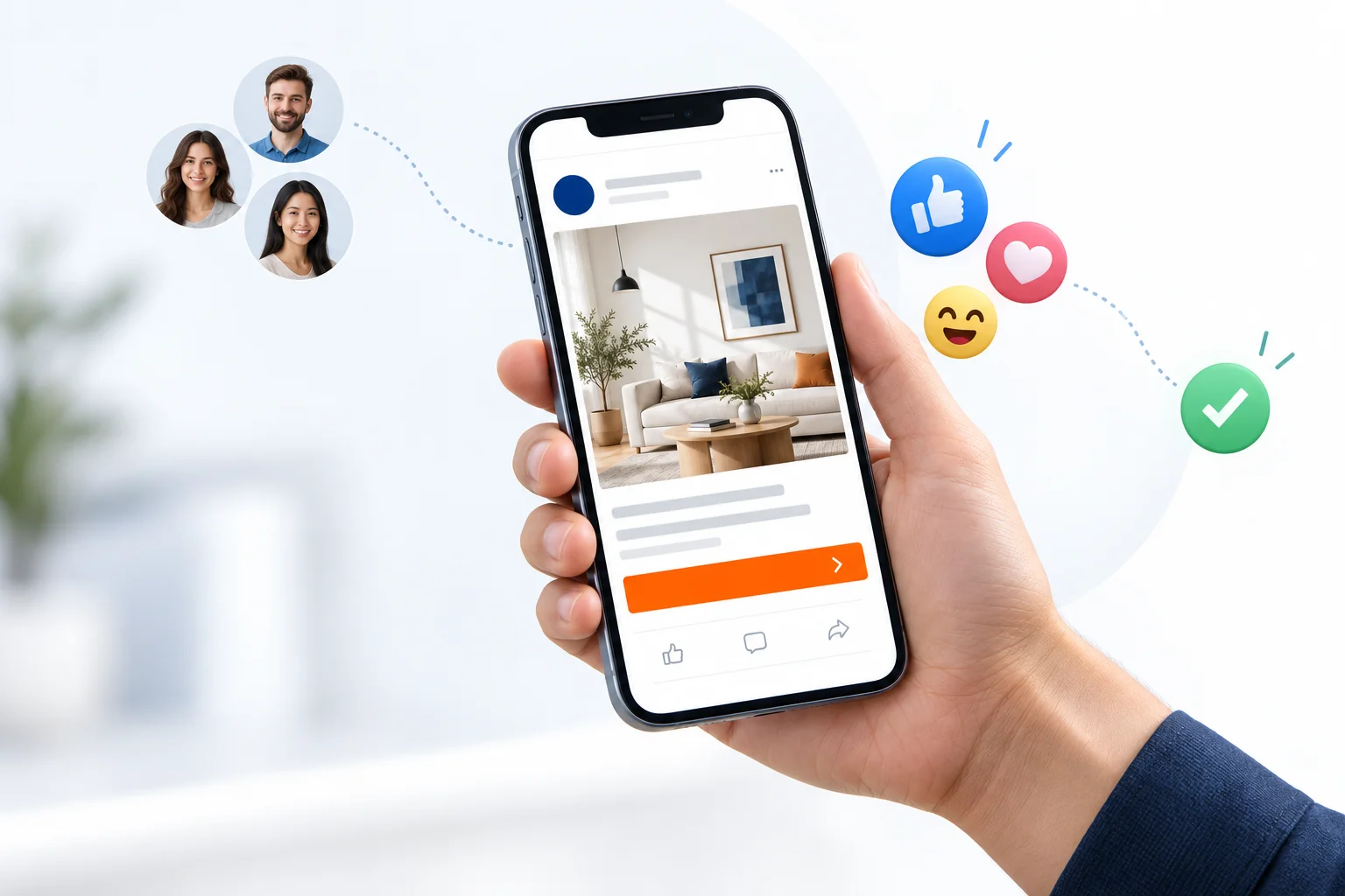 Conceptual Facebook advertising journey from audience profiles to a phone ad, reactions and a conversion check marker