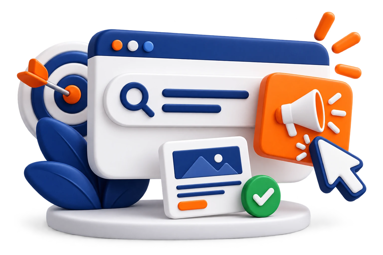 Paid search illustration with a search window, advertising symbol, landing page and conversion checkmark