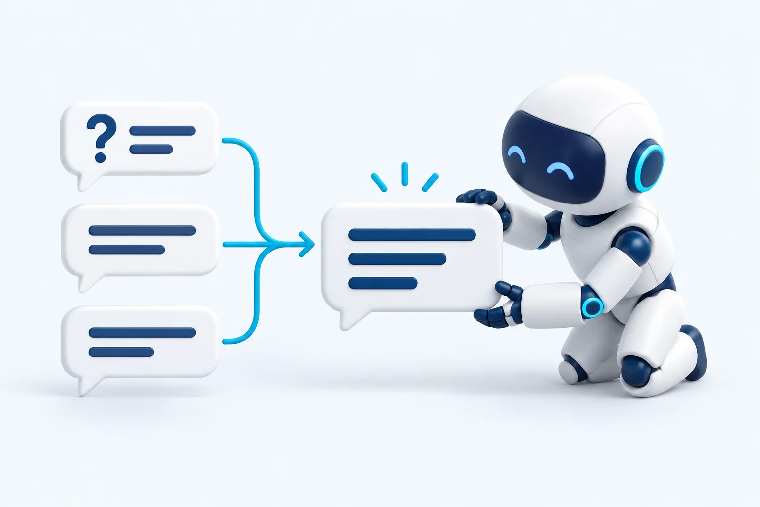 AI robot organizing question and content tiles into a clear answer, illustrating answer engine optimization.