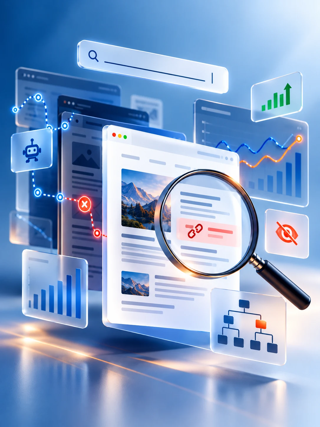 Illustration of search discovery, broken links and website structure under review