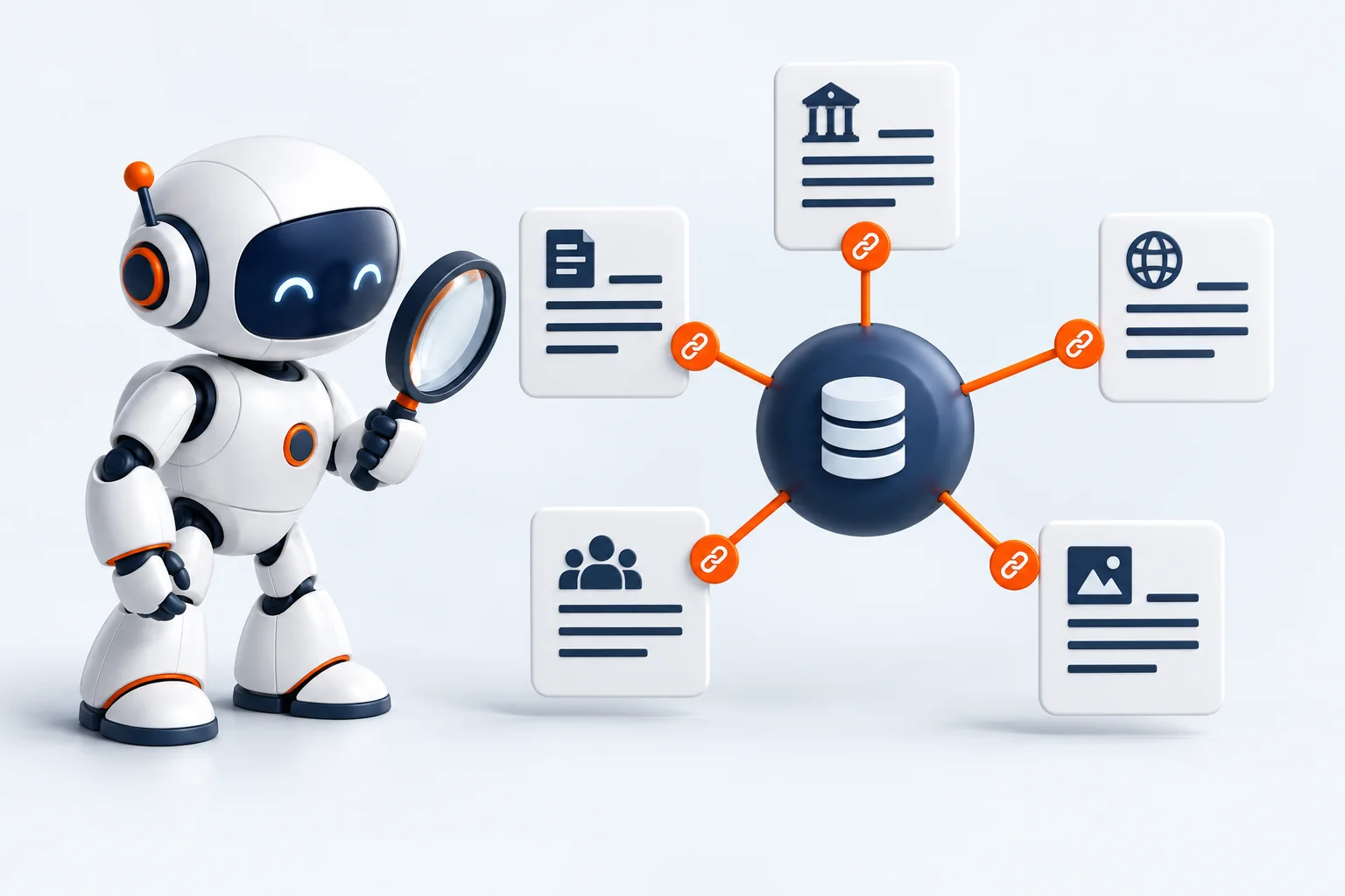 AI robot examining connected source documents and a central knowledge hub, illustrating generative engine optimization.