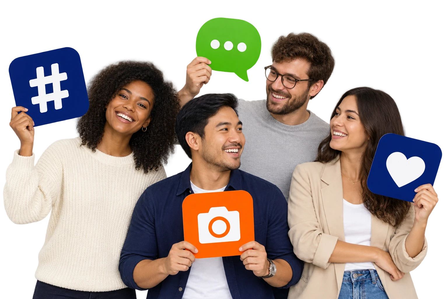Concept illustration of people holding hashtag, content, conversation and reaction symbols