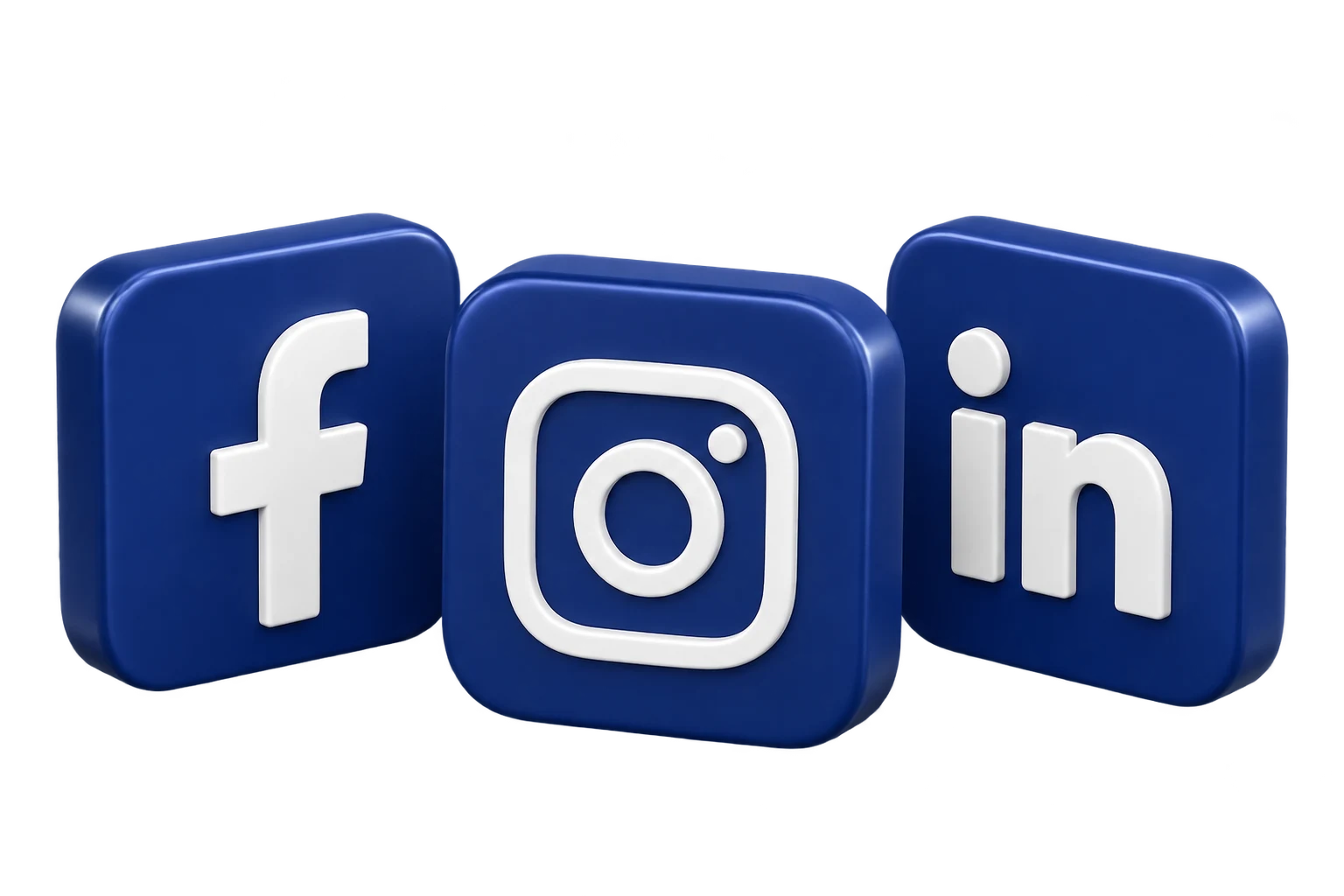 Three-dimensional Facebook, Instagram and LinkedIn symbols in navy and white