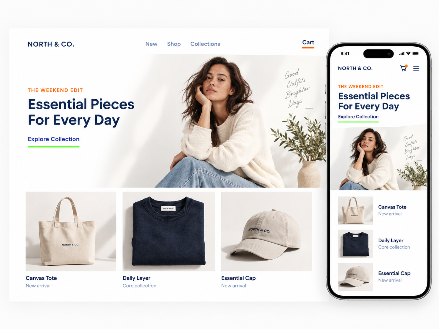 Shopify storefront shown across desktop and mobile devices