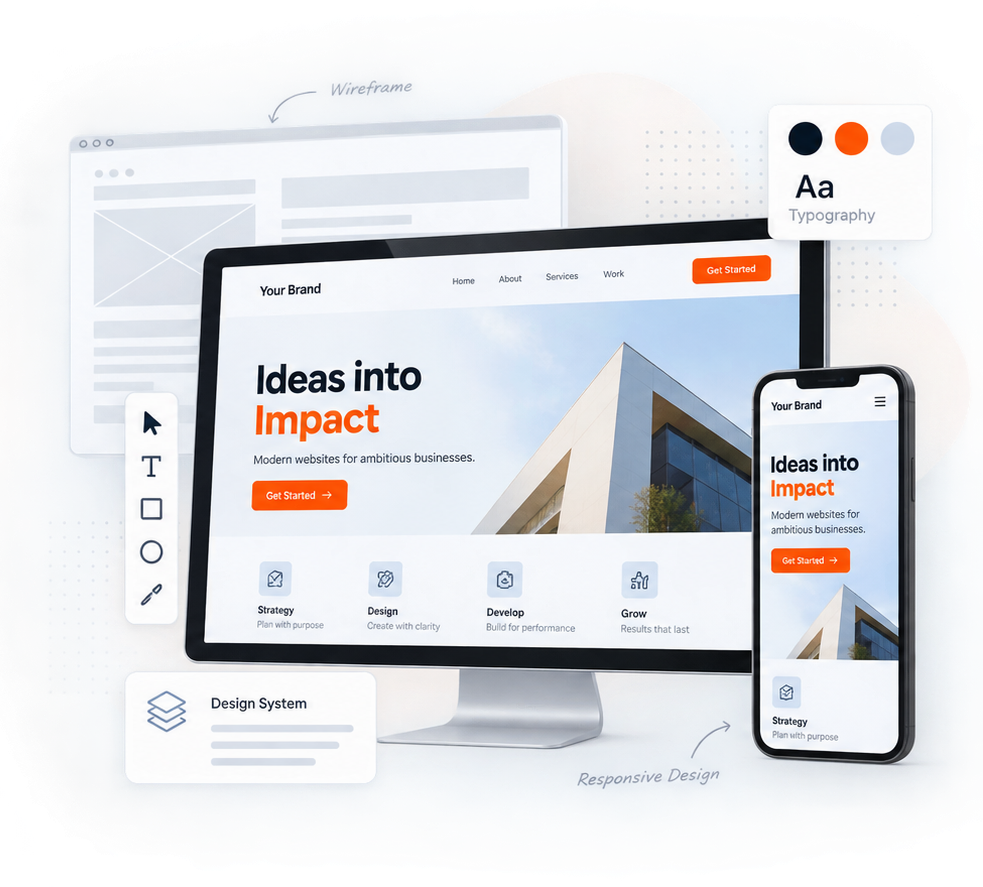 Web design process showing wireframes, desktop interface and responsive mobile layout