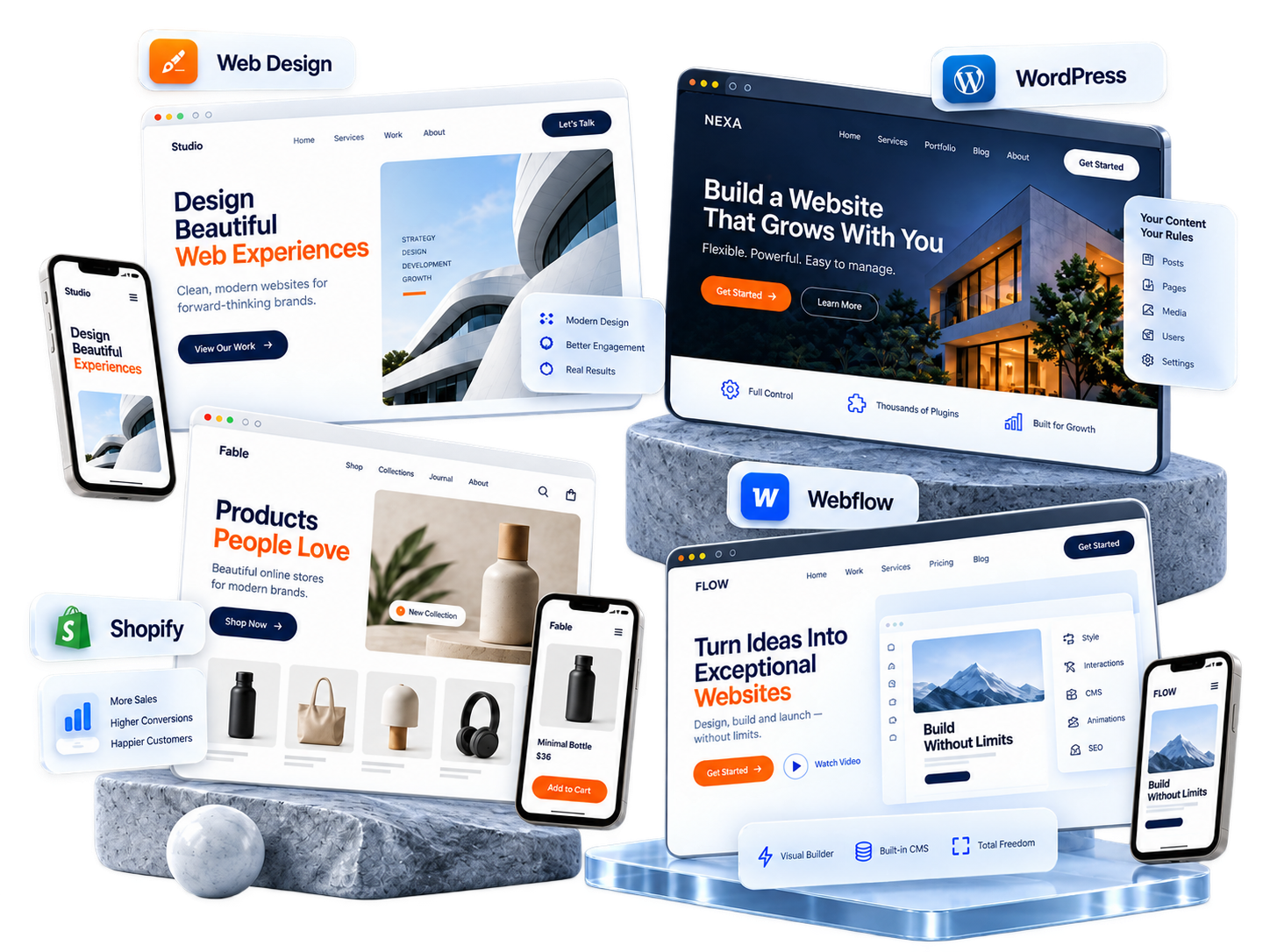 Web Design, WordPress, Shopify and Webflow website interface showcase