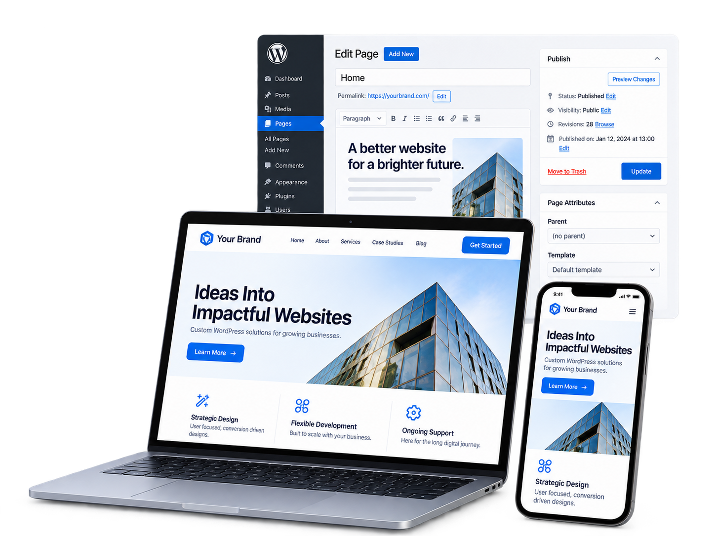 WordPress CMS, desktop website and responsive mobile interface